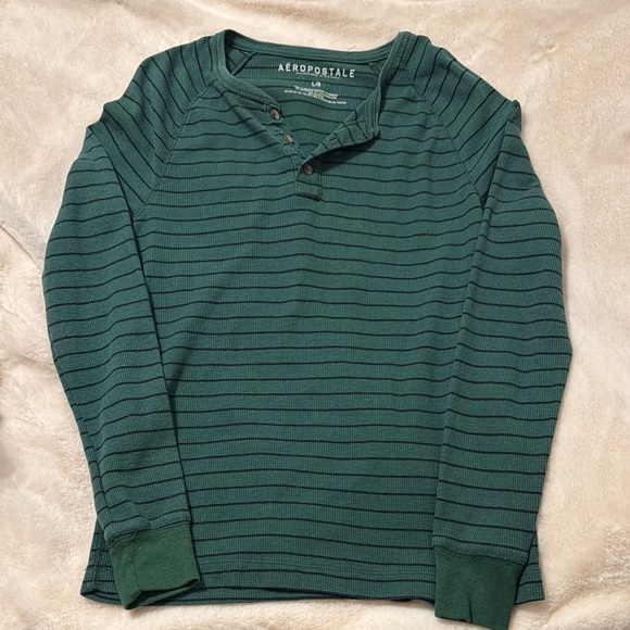 Aeropostale Men's Dark Green Striped Long Sleeve Henley Tee - Picture 1 of 2